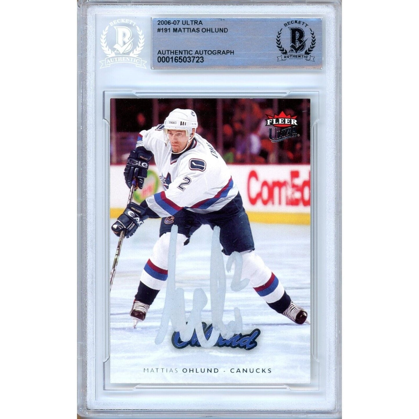 Mattias Ohlund Vancouver Canucks Signed 2006-07 Fleer Ultra Card BAS Auth Auto Slab