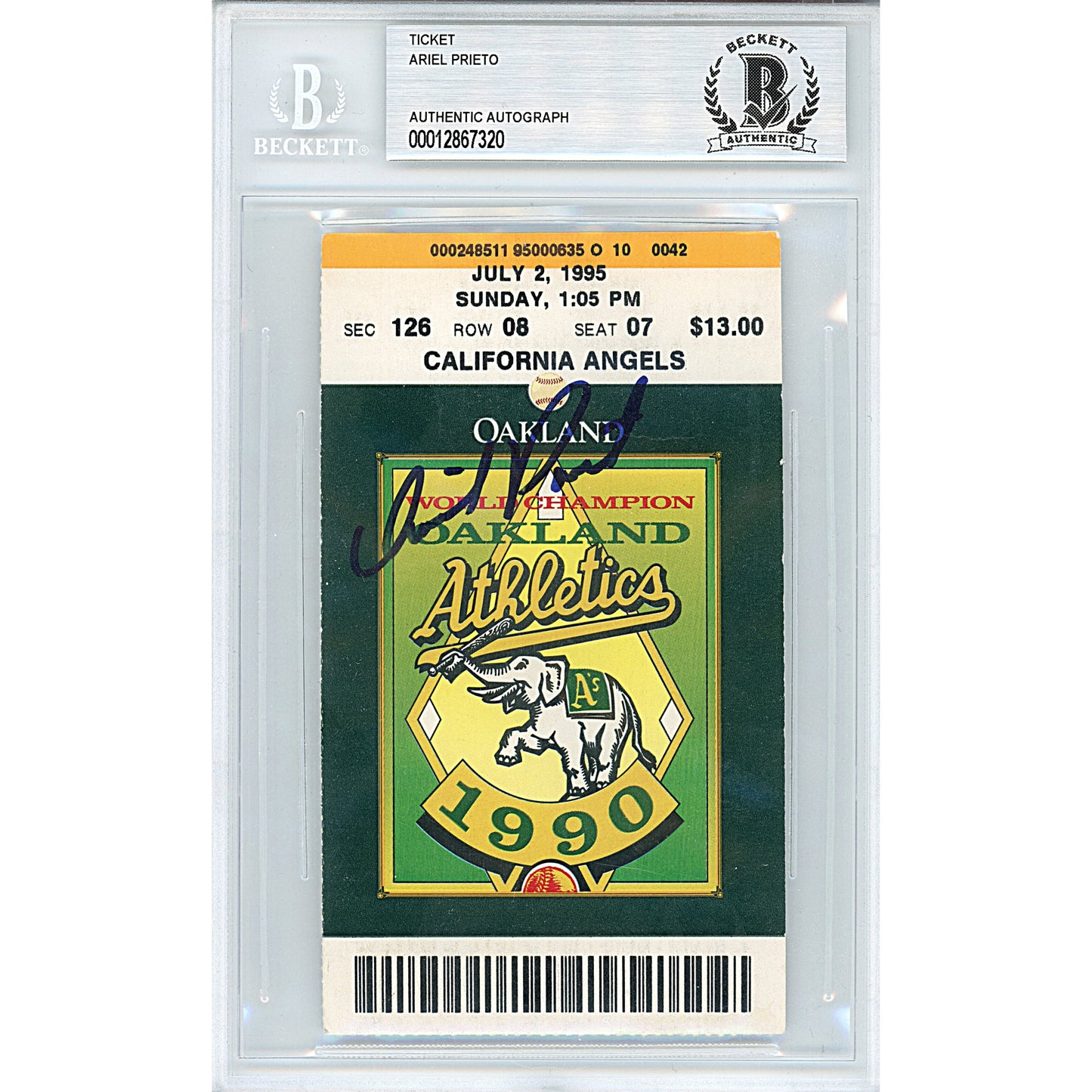 Ariel Prieto Autographed Oakland Athletics MLB Debut Baseball Ticket Stub — Beckett Authentication