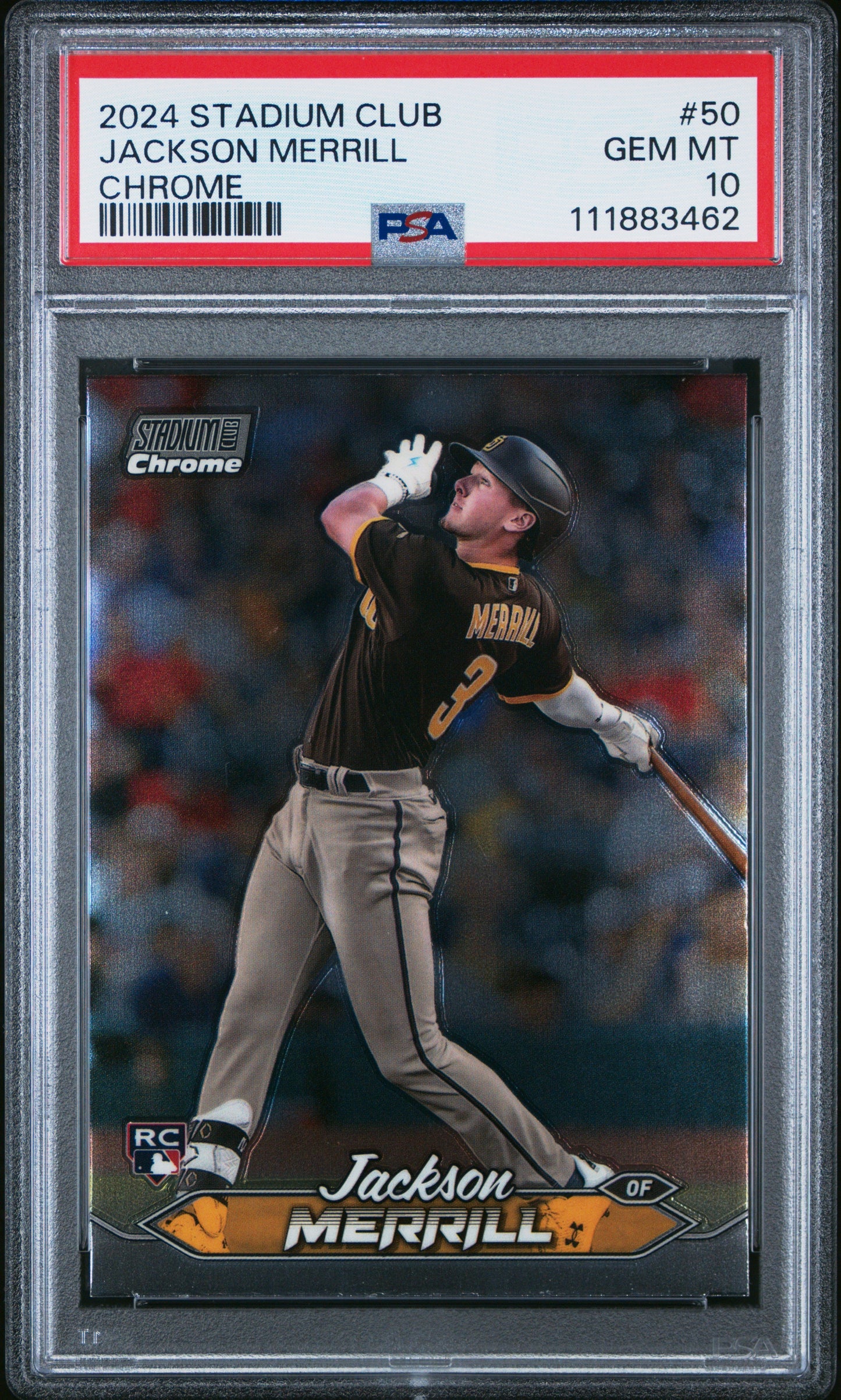 Graded 2024 Topps Stadium Club Jackson Merrill #50 Chrome Rookie RC Baseball Card PSA 10 Gem Mint