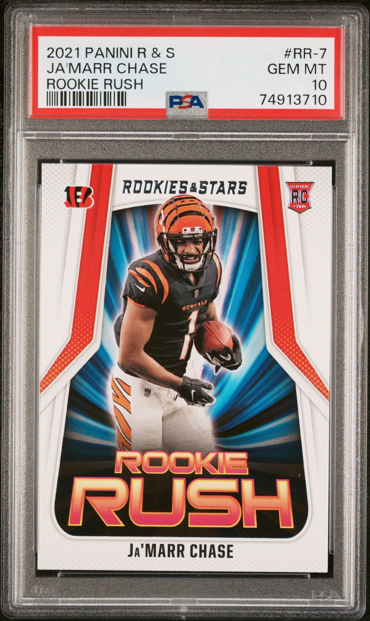 Graded 2021 Panini Rookies & Stars Ja'Marr Chase #RR7 Rookie Rush Rookie RC Football Card PSA 10 Gem Mint