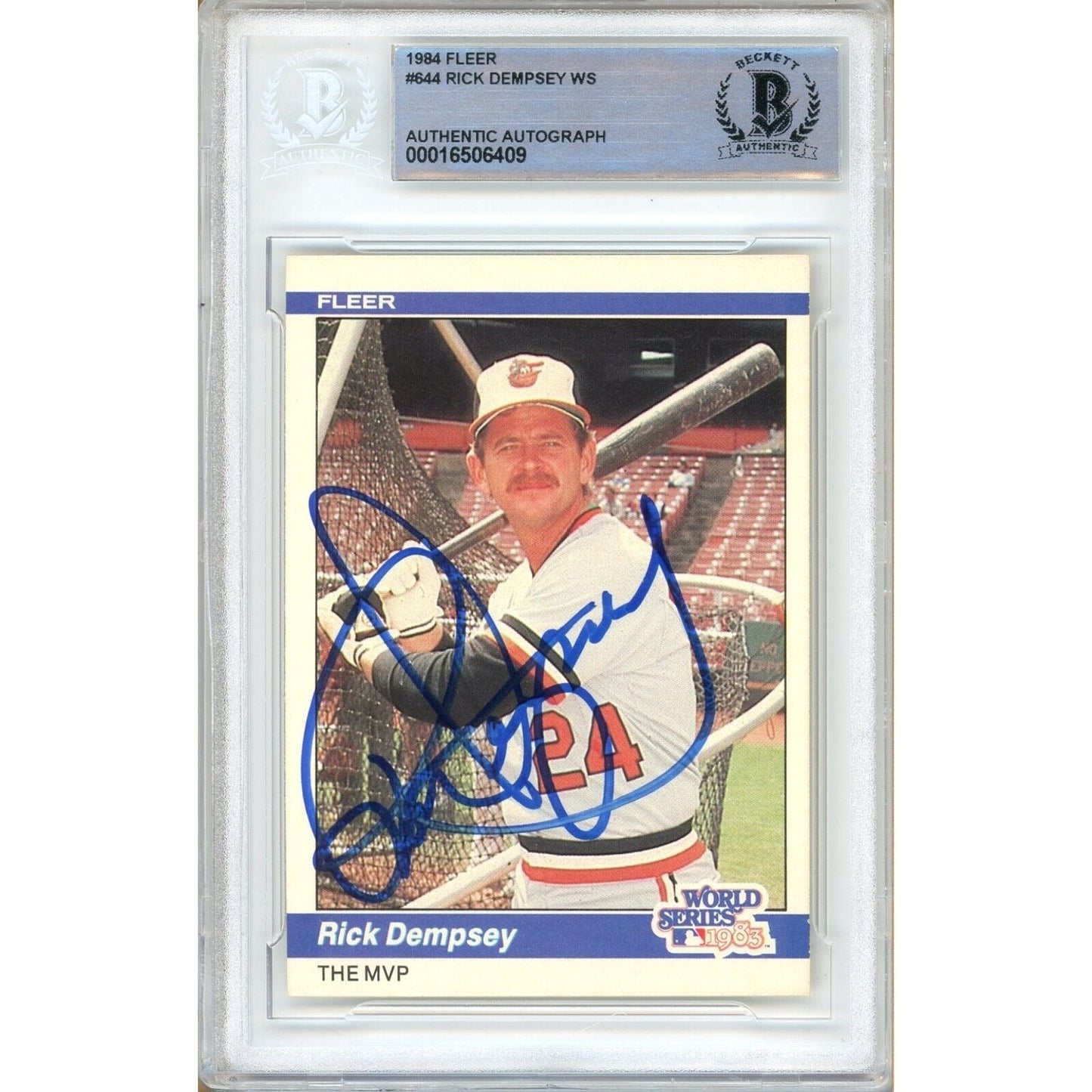 Rick Dempsey Baltimore Orioles Signed 1984 Fleer Baseball Card Beckett Authentic Auto Slab
