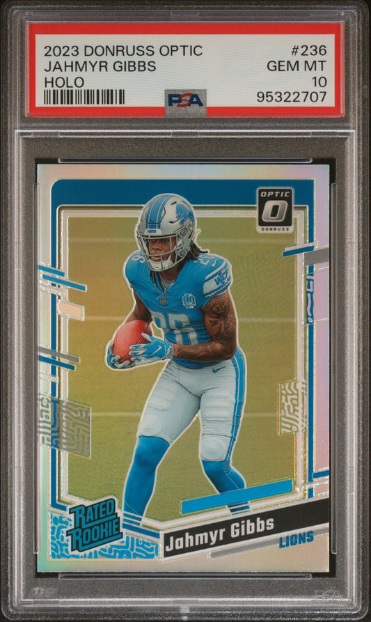 Graded 2023 Panini Donruss Optic Jahmyr Gibbs #236 Holo Rookie RC Football Card PSA 10 Gem Mint