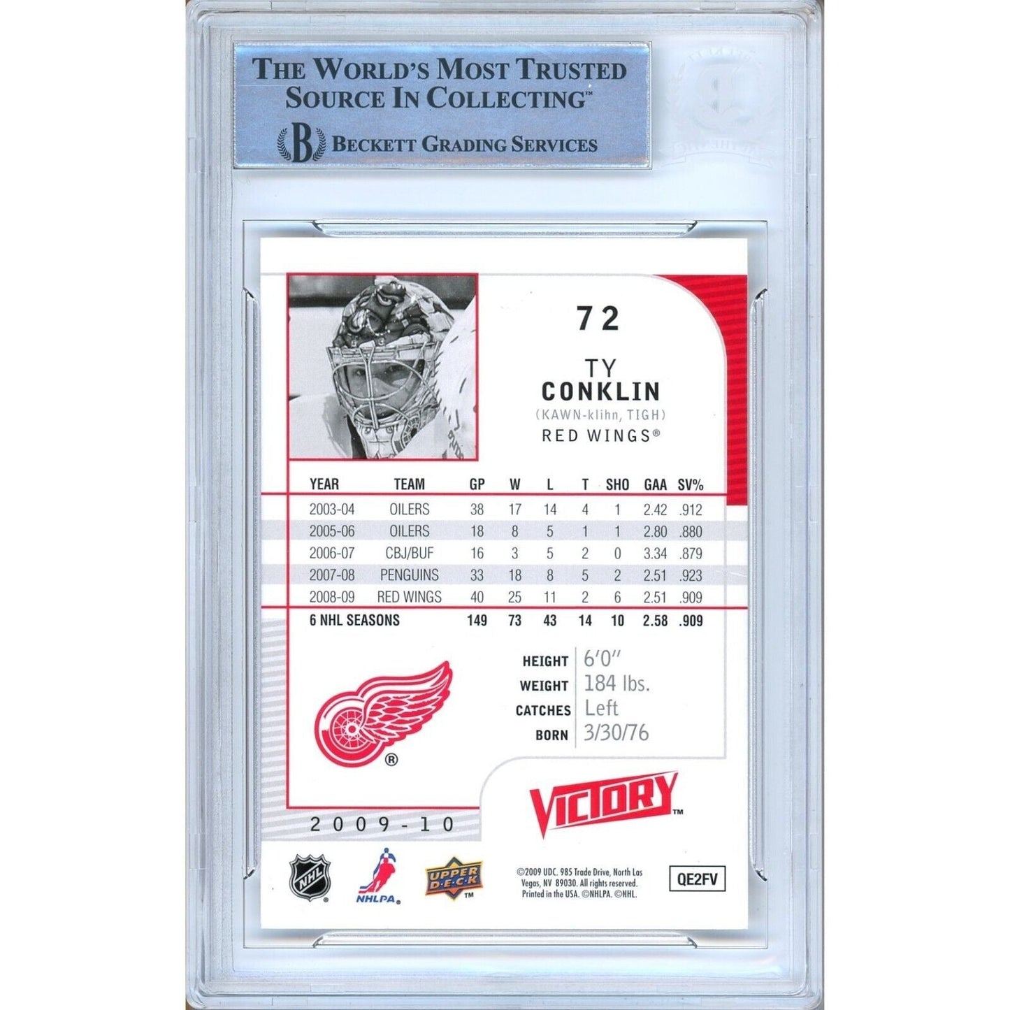 Ty Conklin Detroit Red Wings Signed 2009-10 Upper Deck Victory Card Beckett Auth Auto