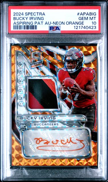 Graded 2024 Panini Spectra Bucky Irving #APABIG /15 Neon Orange RPA Rookie RC Football Card PSA 10 Gem Mint
