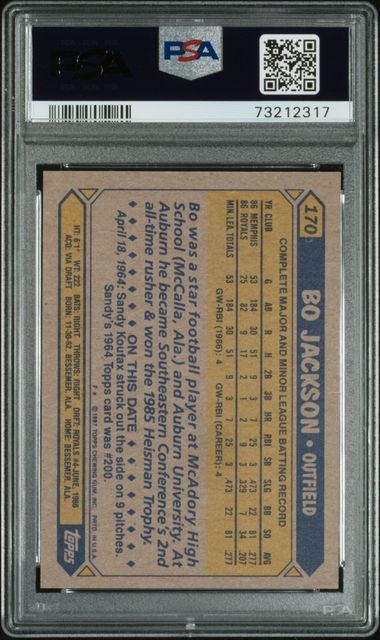 Graded 1987 Topps Bo Jackson #170 Rookie RC Baseball Card PSA 8 NM-MT