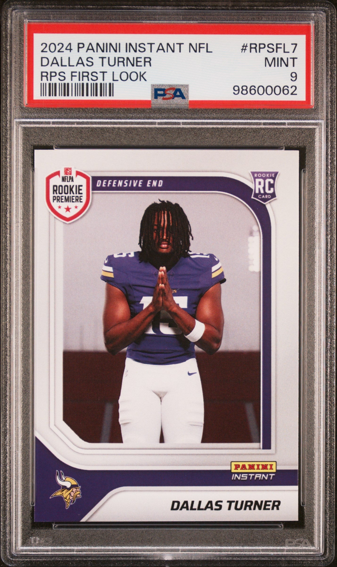 Graded 2024 Panini Instant NFL Dallas Turner #RPSFL7 RPS First Look Rookie RC Football Card PSA 9 Mint