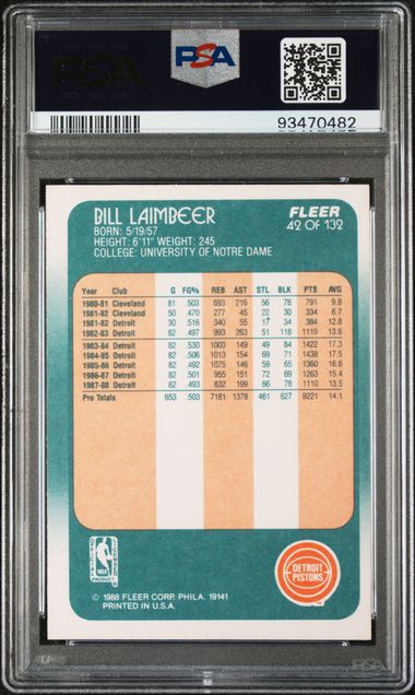 Graded 1988 Fleer Bill Laimbeer #42 Basketball Card PSA 7 Near Mint - Sport Cards