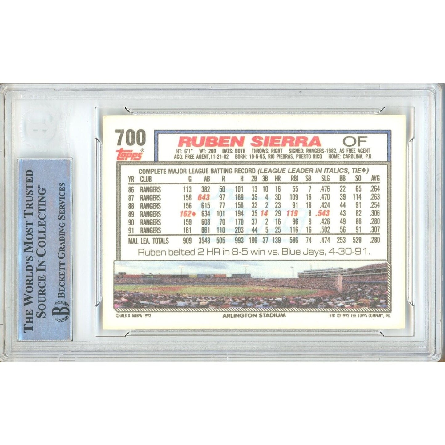 Ruben Sierra Texas Rangers Signed 1992 Topps Baseball Card Beckett Authentic Auto Slab