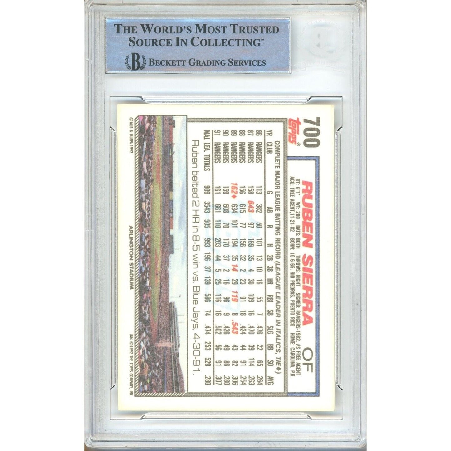 Ruben Sierra Texas Rangers Signed 1992 Topps Baseball Card Beckett Authentic Auto Slab