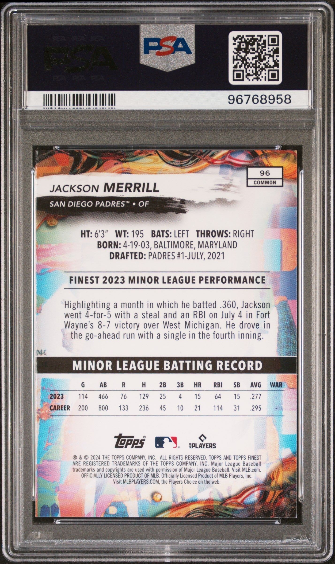 Graded 2024 Topps Finest Jackson Merrill #96 Rookie RC Baseball Card PSA 10 Gem Mint