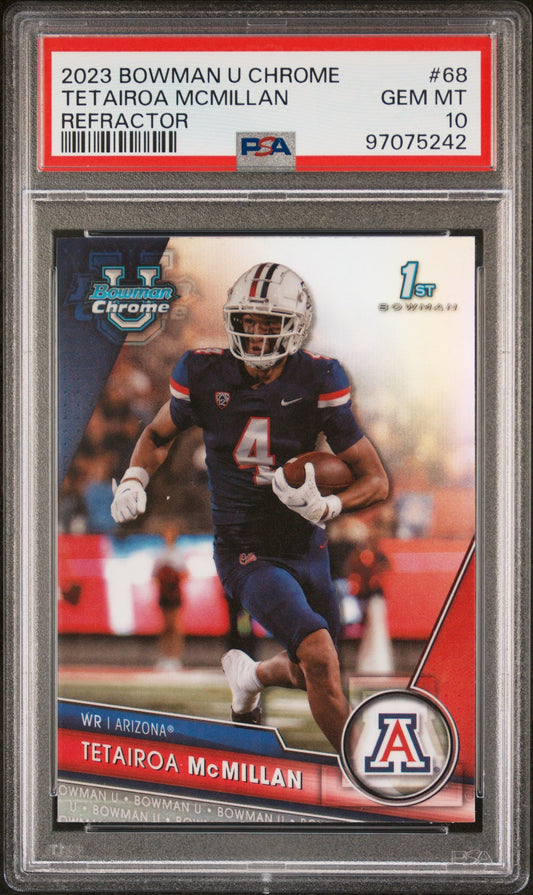 Graded 2023 Topps Bowman U Chrome Tetairoa McMillan #68 Refractor Rookie RC Football Card PSA 10 Gem Mint