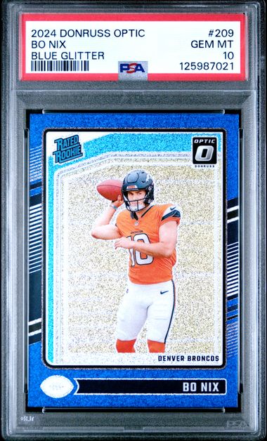 Graded 2024 Panini Donruss Optic Bo Nix #209 Blue Glitter Rookie RC Football Card PSA 10 Gem Mint