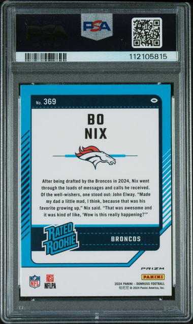 Graded 2024 Donruss Bo Nix #369 Optic Preview Pink Rookie RC Football Card PSA 10 Gem Mint