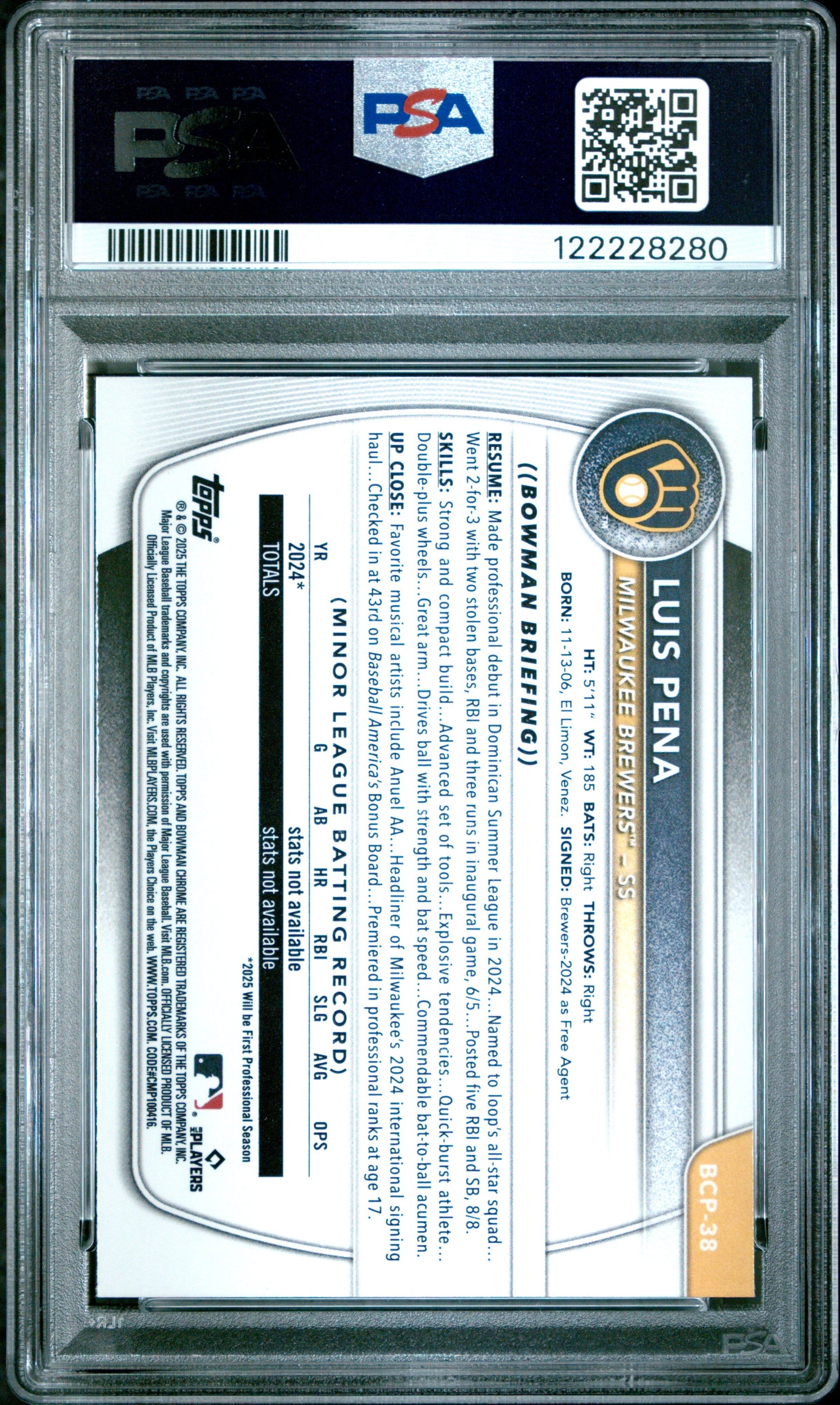 Graded 2025 Topps Bowman Luis Pena #BCP38 Chrome Prospects Rookie RC Baseball Card PSA 9 Mint