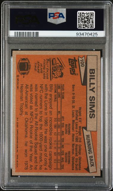 Graded 1981 Topps Billy Sims #100 Rookie RC Football Card PSA 8 NM-MT - Sport Cards