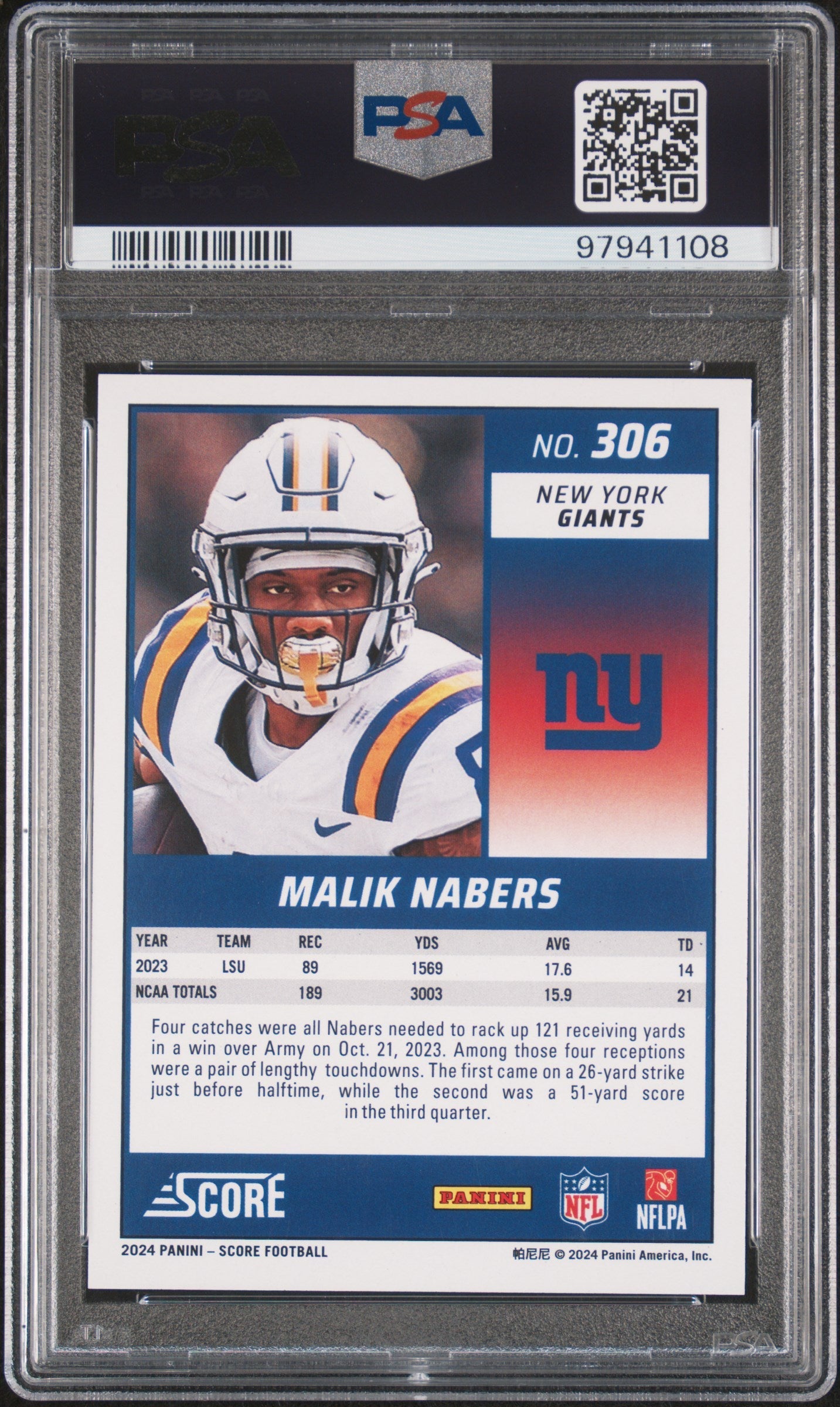 Graded 2024 Panini Score Malik Nabers #306 Rookie RC Football Card PSA 10 Gem Mint