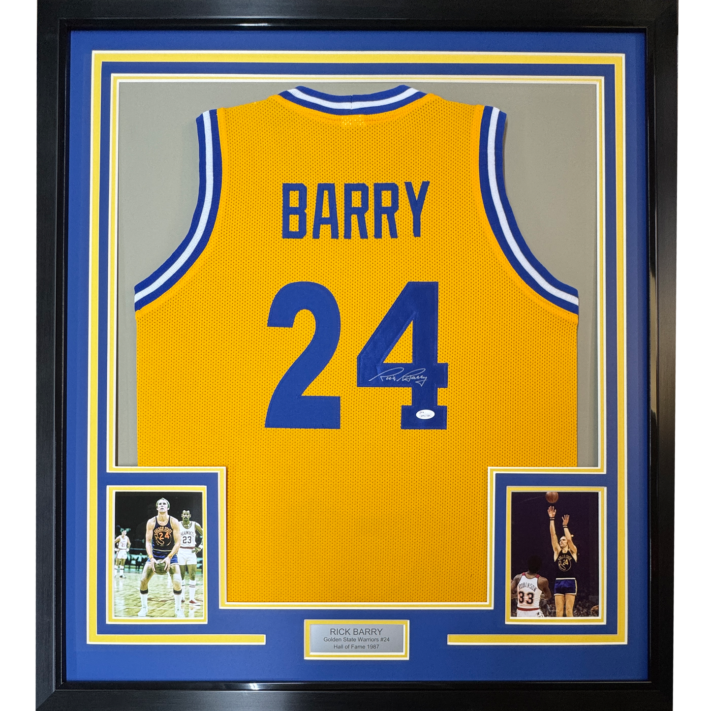 Framed Autographed/Signed Rick Barry 35x39 Golden State Yellow Basketball Jersey JSA COA - Sport Cards