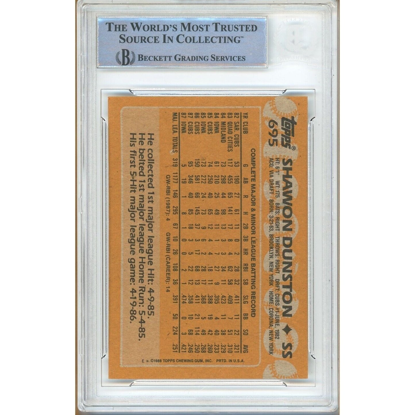 Shawon Dunston Chicago Cubs Signed 1988 Topps Baseball Card Beckett Authentic Auto Slab