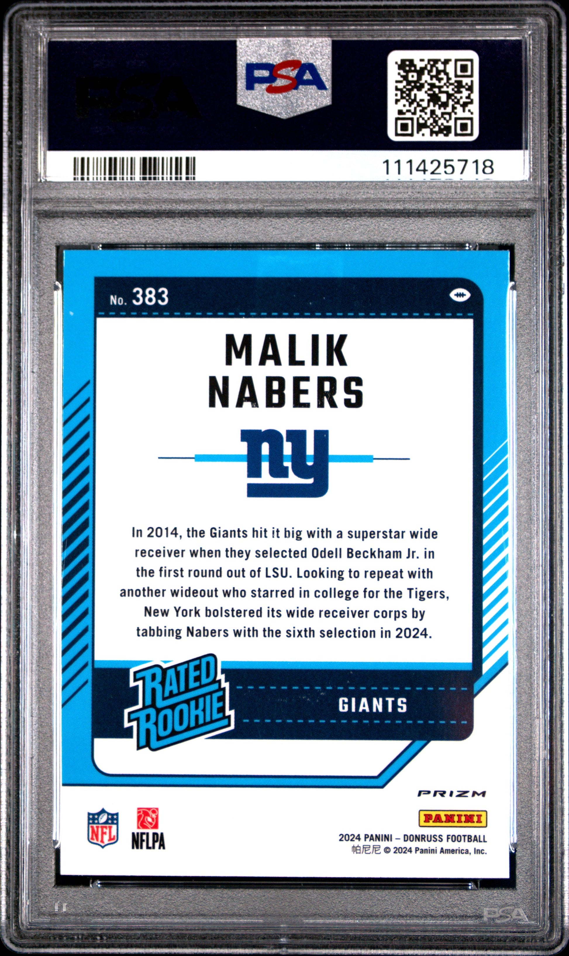 Graded 2024 Panini Donruss Malik Nabers #383 Optic Preview Pink Rookie RC Football Card PSA 10 Gem Mint - Sport Cards