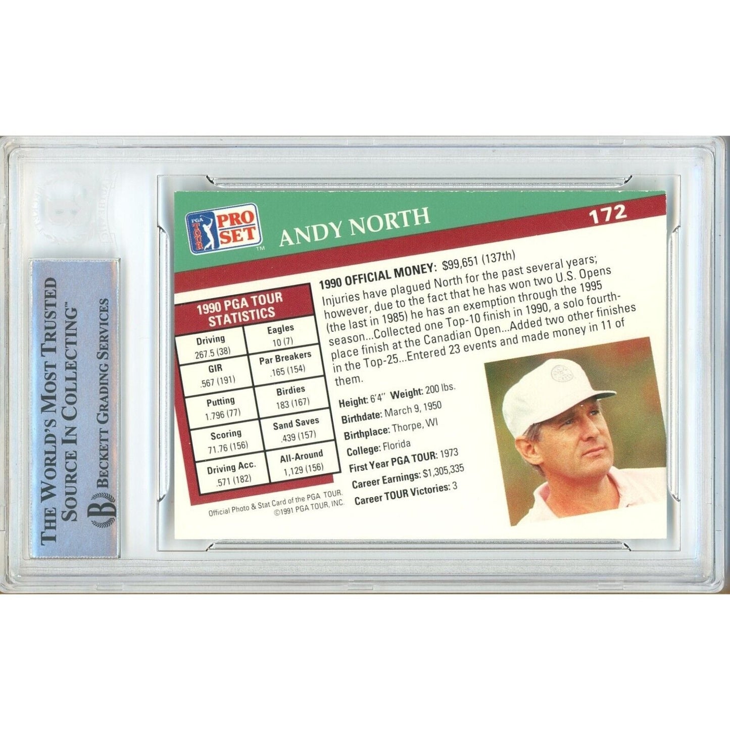 1991 PGA Pro Set #172 — Andy North Autographed Golf Trading Card — Beckett Authentication