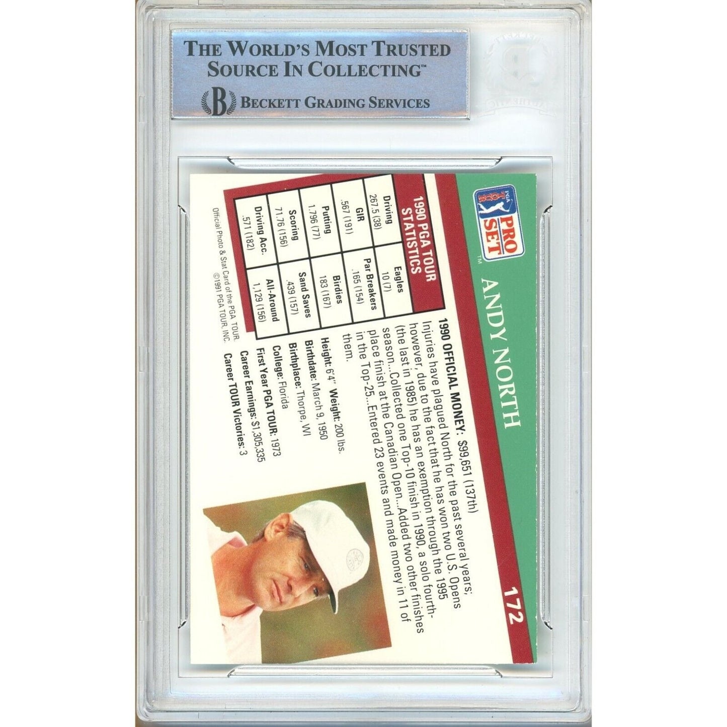 1991 PGA Pro Set #172 — Andy North Autographed Golf Trading Card — Beckett Authentication