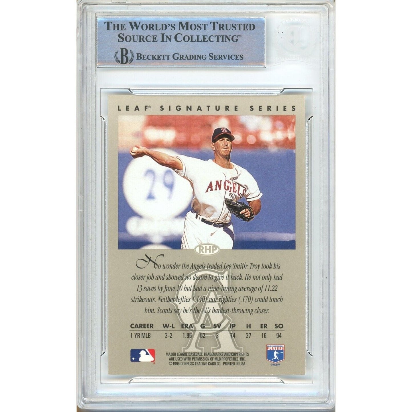 Troy Percival LA Angels Signed 1996 Leaf Signatures Autographs Card Beckett Auth Auto