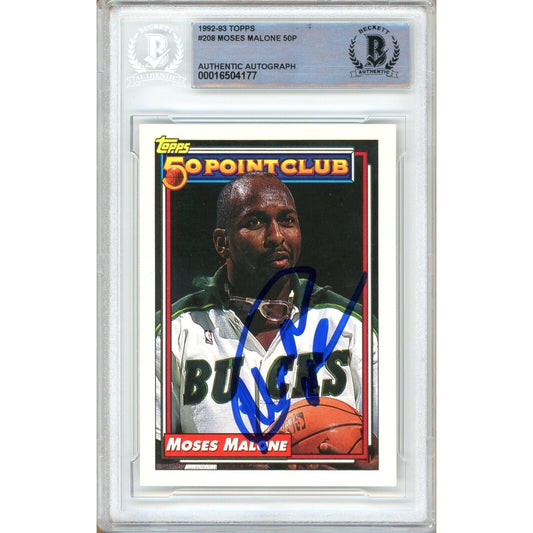 Moses Malone Milwaukee Bucks Signed 1992-93 Topps Basketball Card BAS Auth Auto Slab