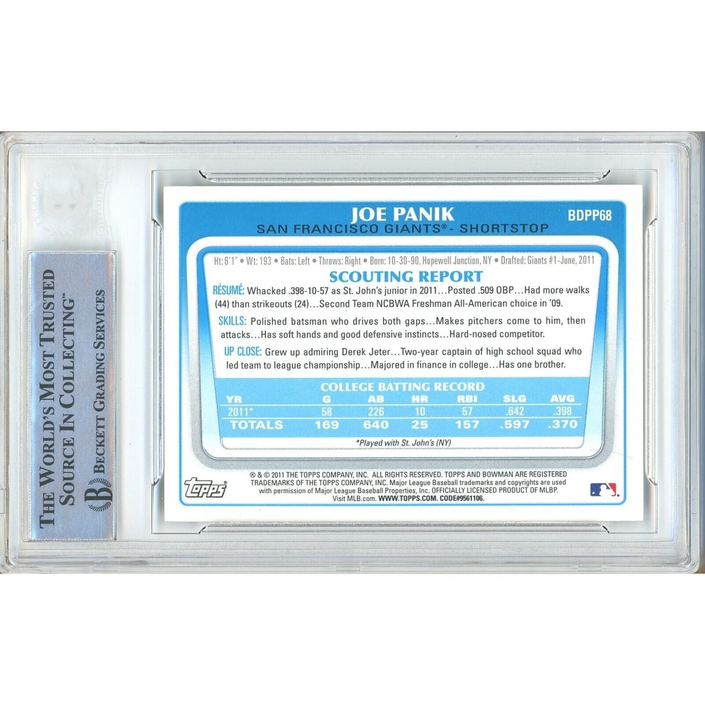 2011 Bowman #te — Joe Panik SF Giants Autographed Trading Card — Beckett Authentication