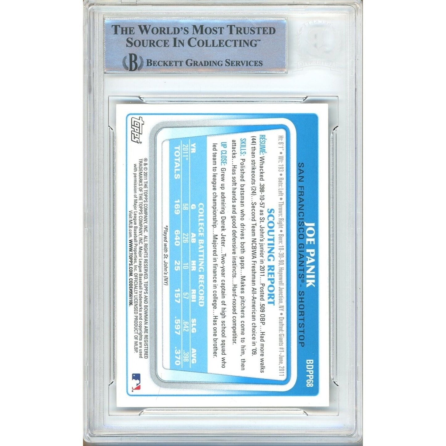 2011 Bowman #te — Joe Panik SF Giants Autographed Trading Card — Beckett Authentication