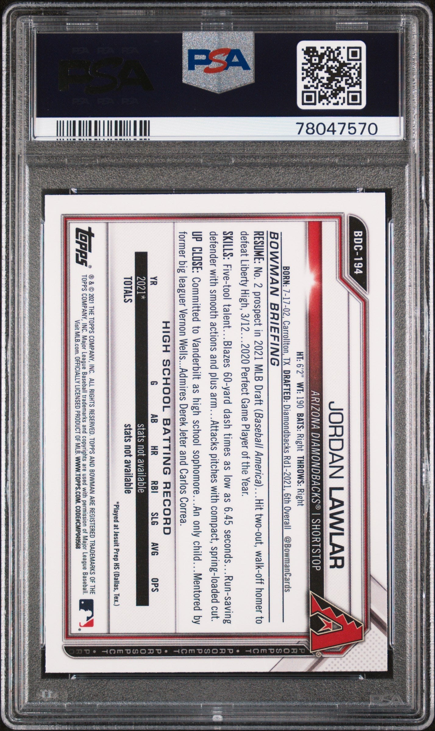 Graded 2021 Topps Bowman Draft Jordan Lawler #BDC194 Chrome Rookie RC Baseball Card PSA 10 Gem Mint