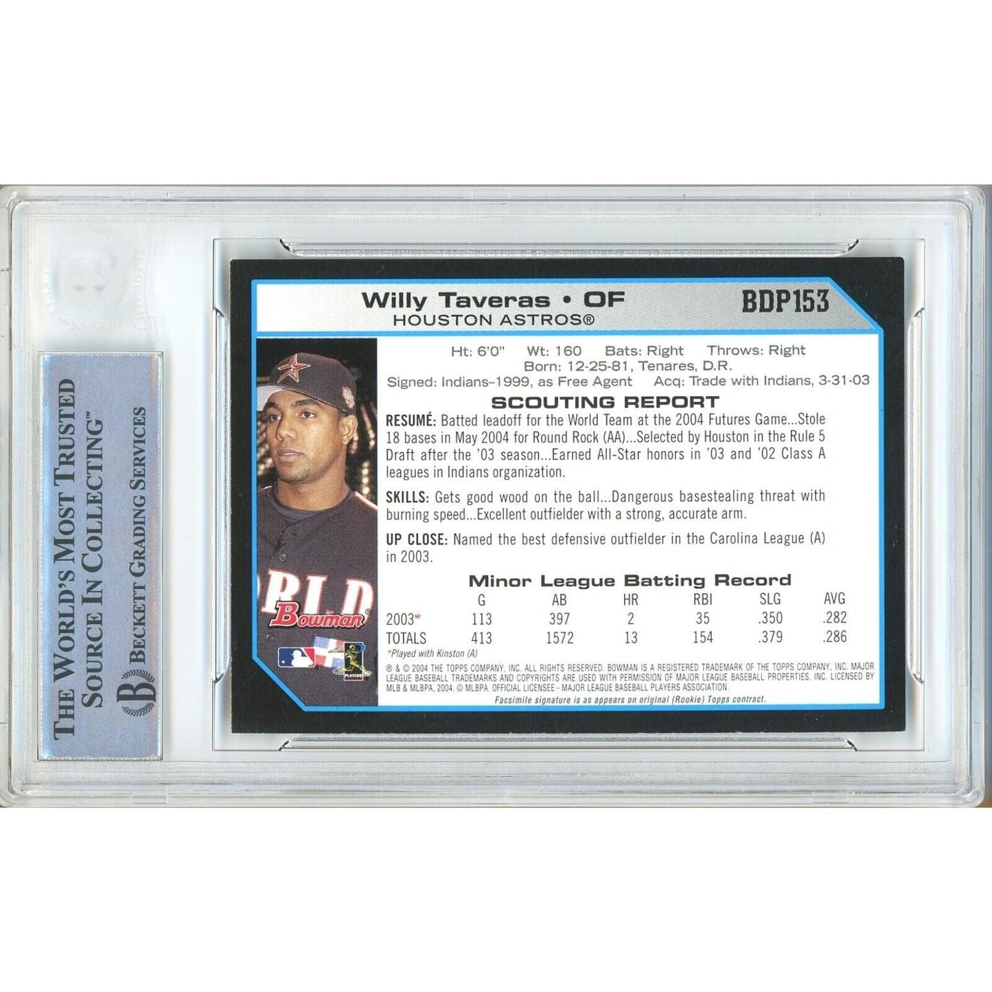 Willy Taveras Houston Astros Signed 2004 Bowman Draft Rookie Card Beckett Auth Auto Slab
