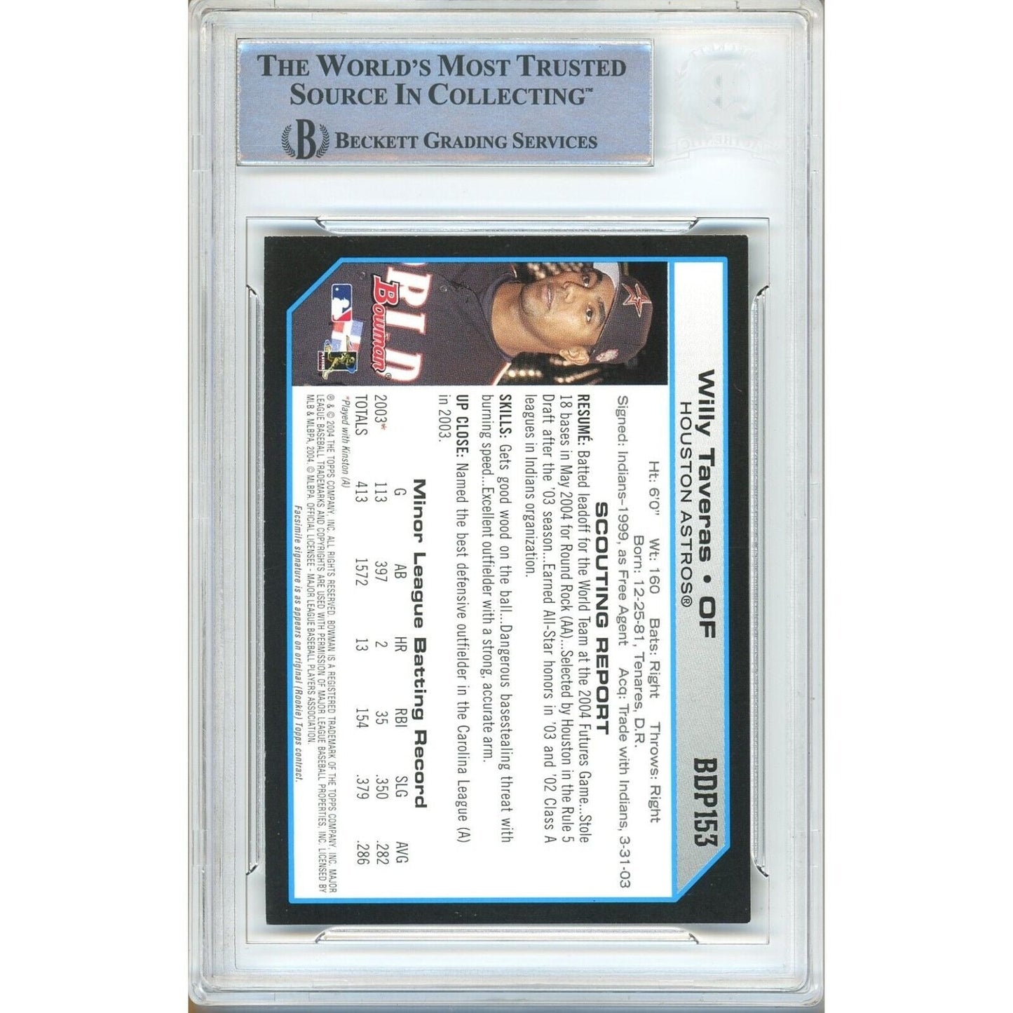 Willy Taveras Houston Astros Signed 2004 Bowman Draft Rookie Card Beckett Auth Auto Slab