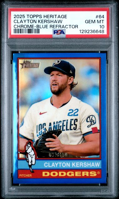 Graded 2025 Topps Heritage Clayton Kershaw #64 /150 Blue Refractor Baseball Card PSA 10 Gem Mint