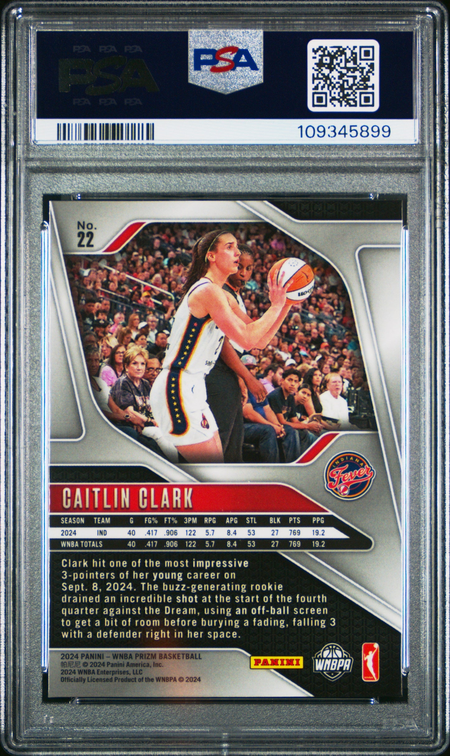 Graded 2024 Panini Prizm Caitlin Clark #22 Rookie RC Basketball Card PSA 9 Mint