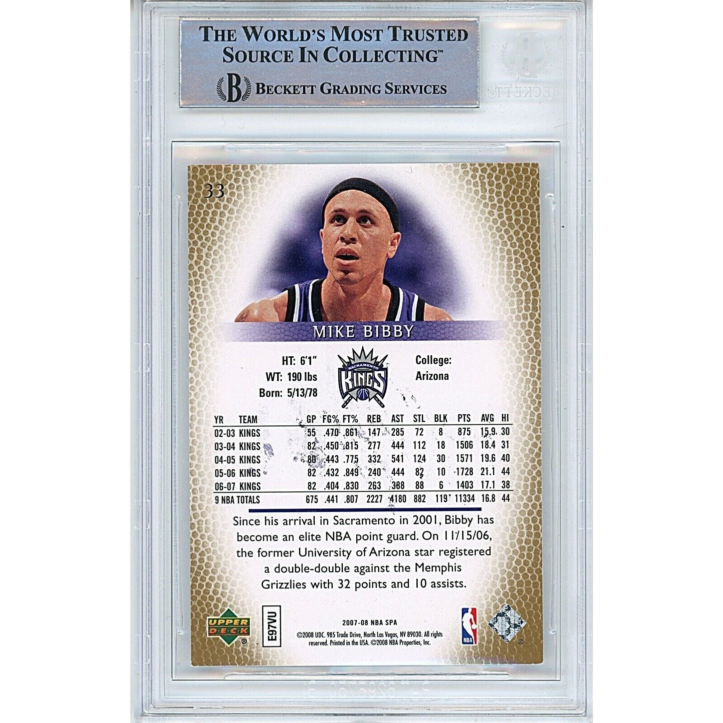 Mike Bibby Sacramento Kings Signed 2007-08 Upper Deck SP Authentic Card Beckett Slab