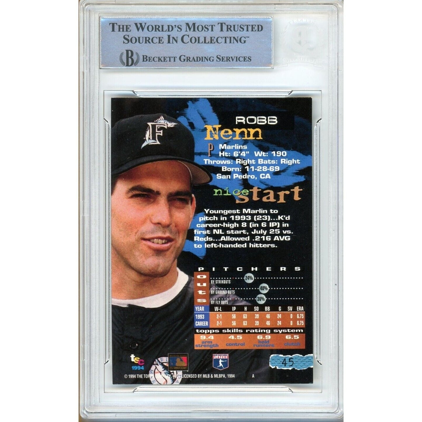 Robb Nen Miami Marlins Signed 1994 Stadium Club MLB Debut Card Beckett Auth Auto Slab