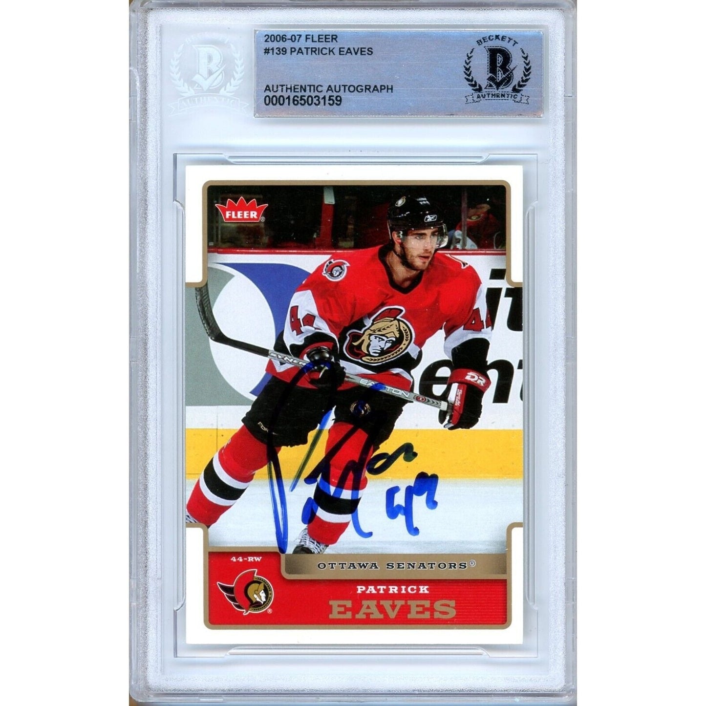 Patrick Eaves Ottawa Senators Signed 2006-07 Fleer Hockey Card Beckett Auth Auto Slab