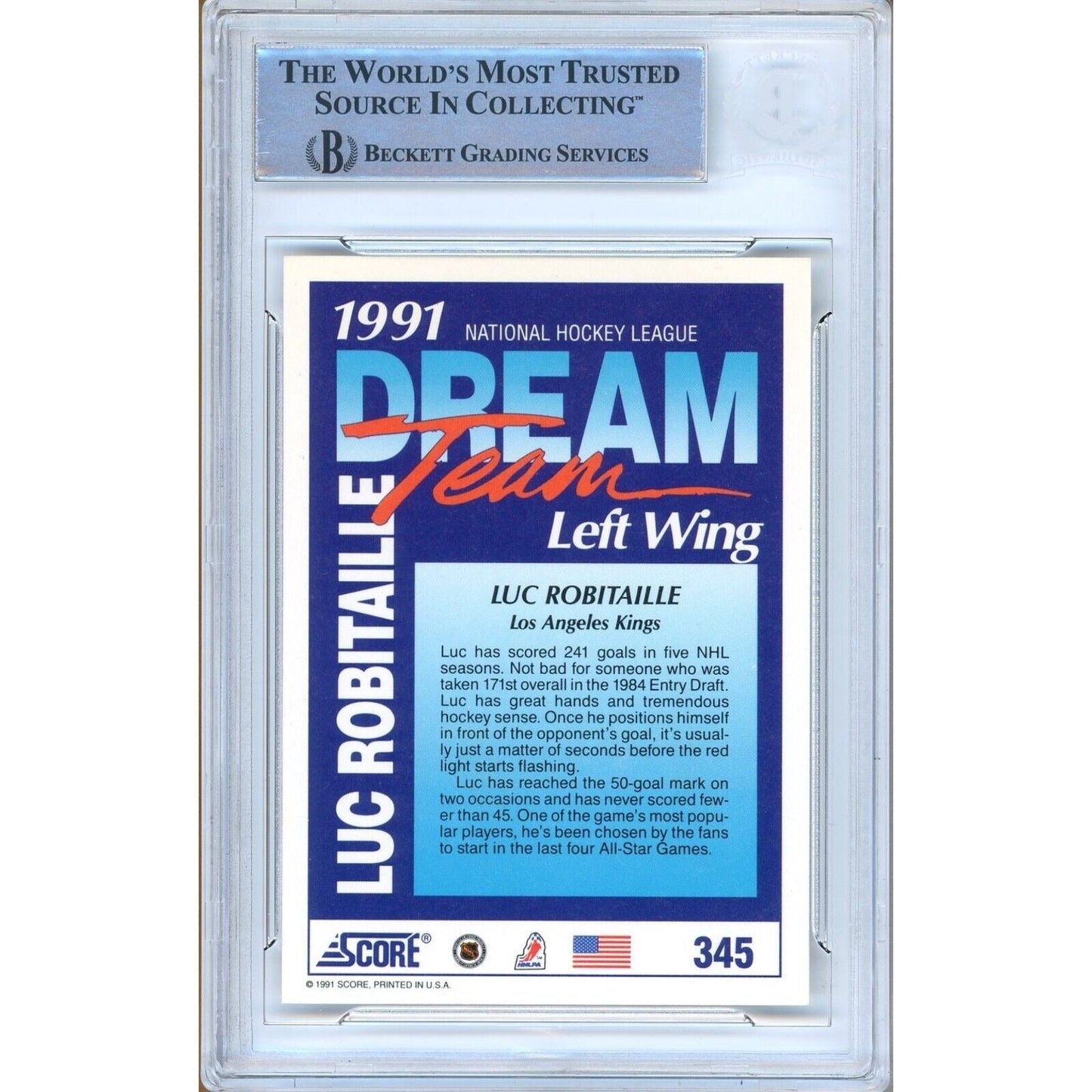 1991-92 Score Dream Team #345 —  Luc Robitaille Los Angeles Kings Autographed Trading Card — Beckett Authentication