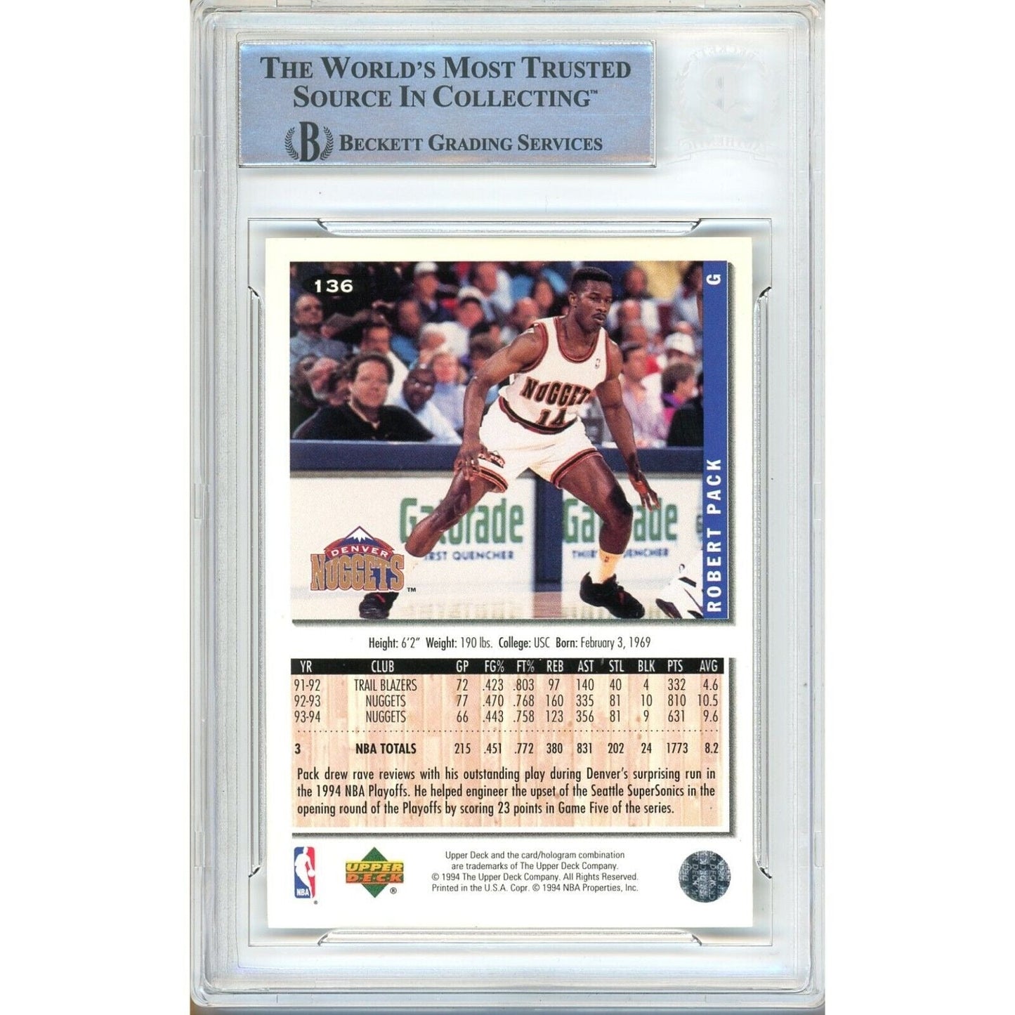 Robert Pack Denver Nuggets Signed 1994-95 Collectors Choice Card Beckett Auth Auto Slab