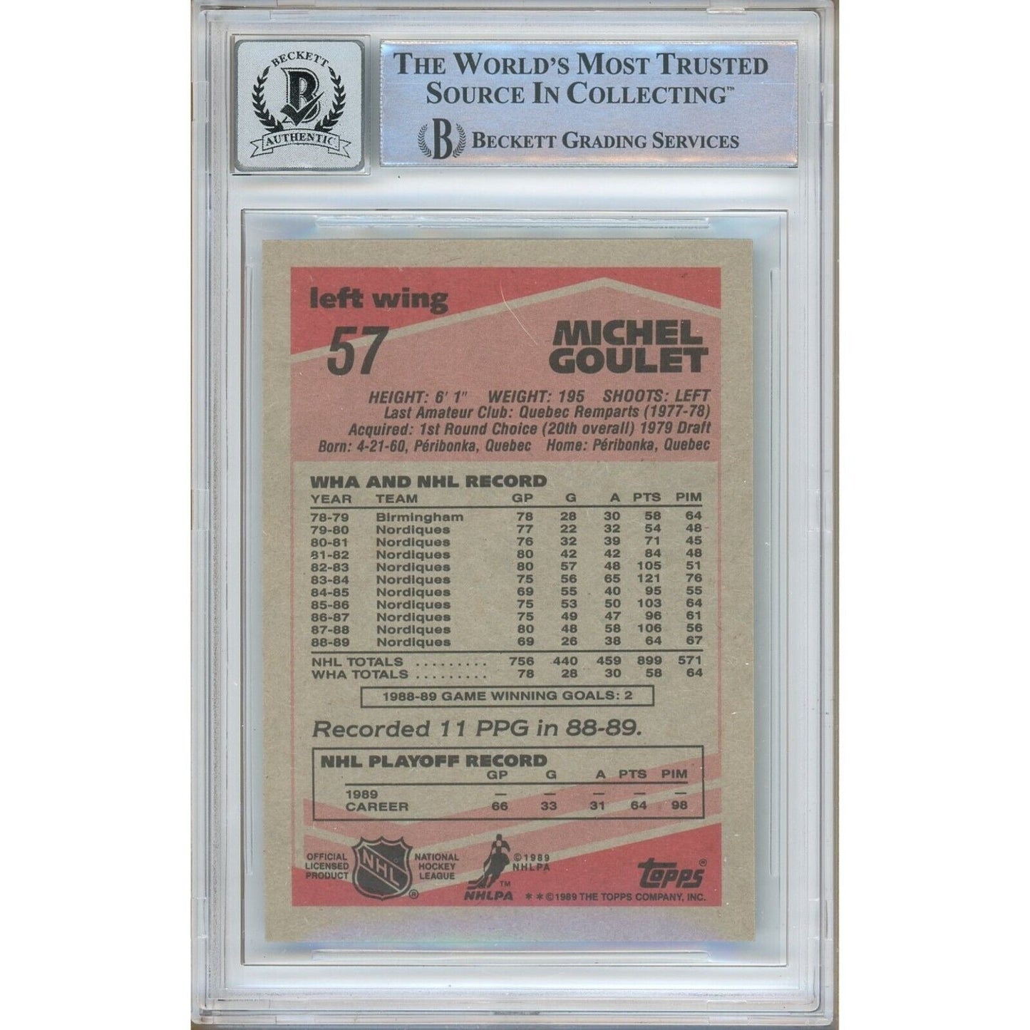 Michel Goulet Quebec Nordiques Signed 1989-90 Topps Card BAS BGS Auto 10 Graded Slab