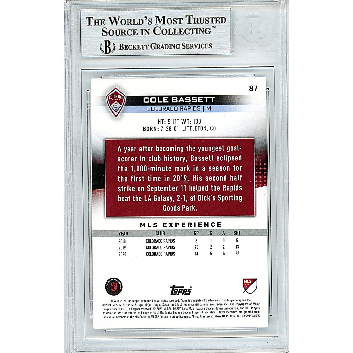 2021 Topps MLS #87 — Cole Bassett Colorado Rapids Autographed Soccer Trading Card — Beckett Authentication