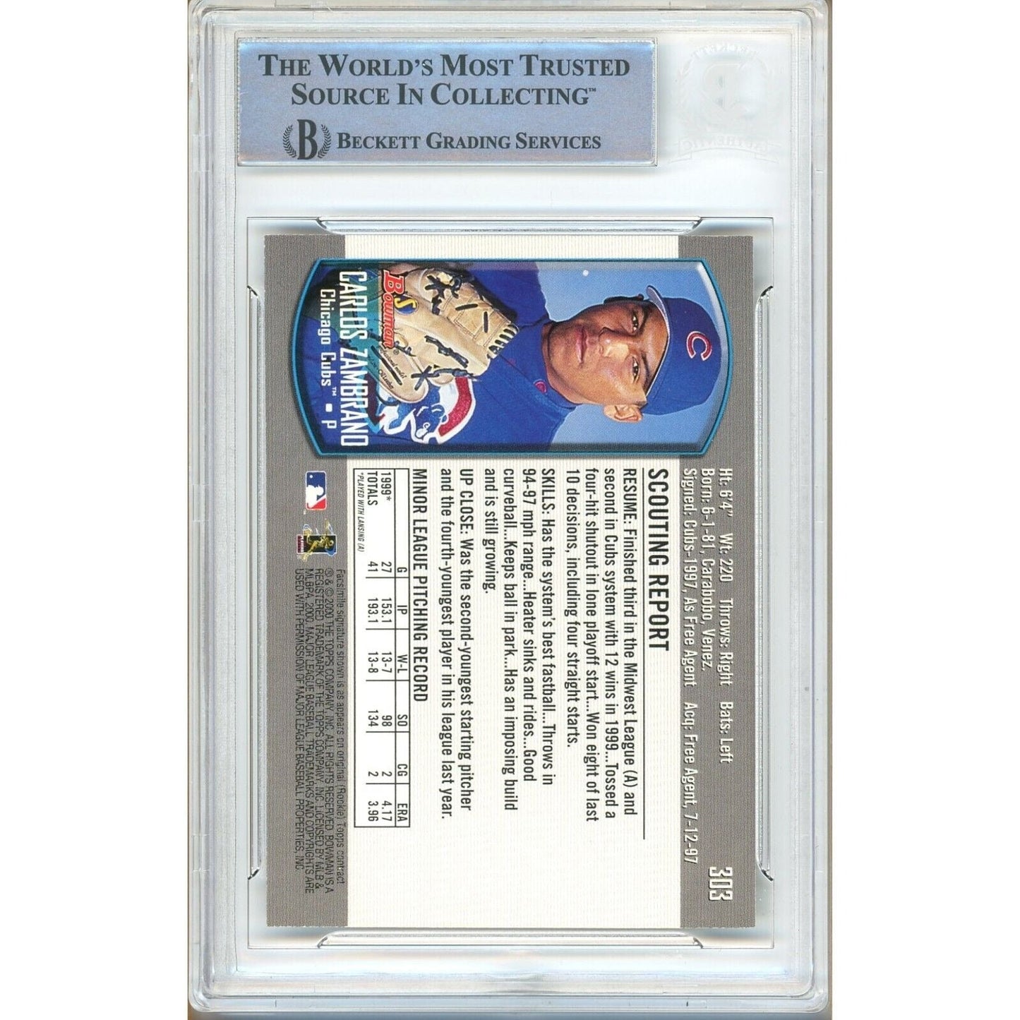 2000 Bowman #303 — Carlos Zambrano Chicago Cubs Autographed Trading Card — Beckett Authentication
