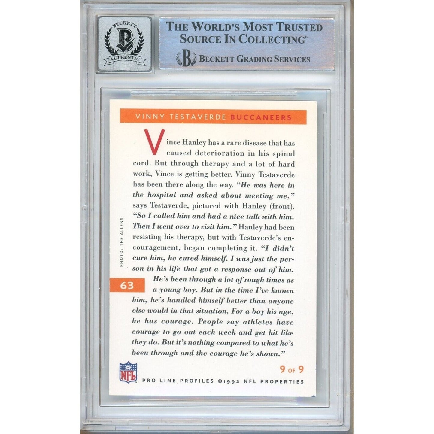 Vinny Testaverde Buccaneers Signed 1992 Pro Line Profiles Card BGS Auto-10 Graded Slab