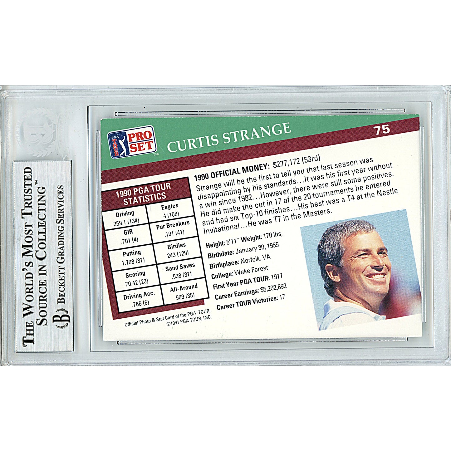 1991 PGA Tour Pro Set #75 — Curtis Strange Autographed Trading Card — Beckett Authentication