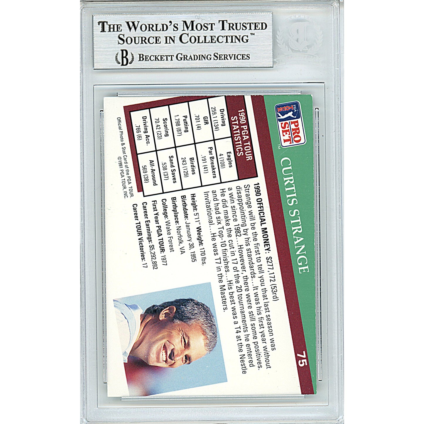 1991 PGA Tour Pro Set #75 — Curtis Strange Autographed Trading Card — Beckett Authentication