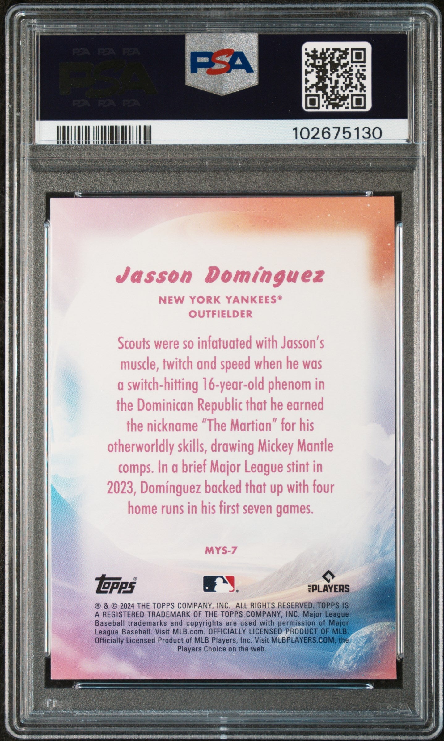 Graded 2024 Topps Update Jasson Dominguez #MYS7 Mystical Blue Rookie RC Baseball Card PSA 10 Gem Mint