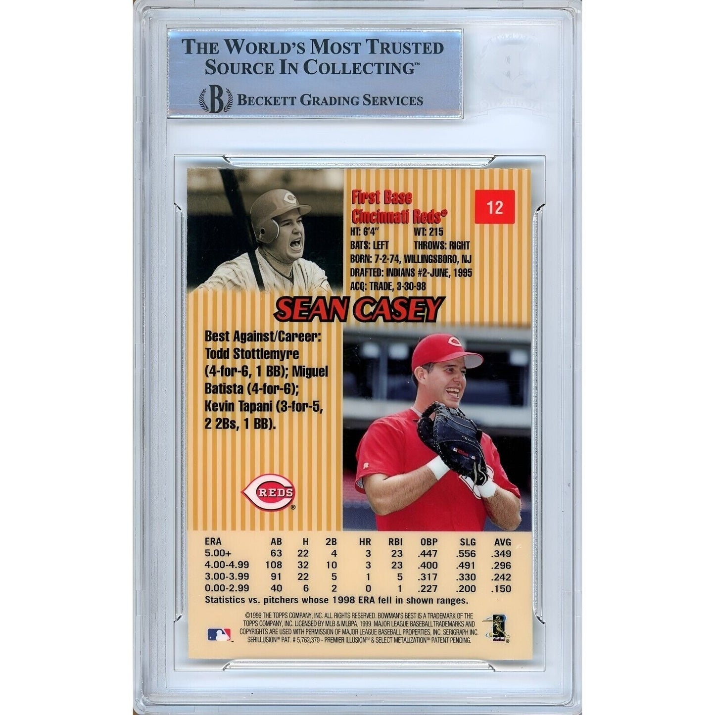 Sean Casey Cincinnati Reds Signed 1999 Bowmans Best Card Beckett Authentic Auto Slab