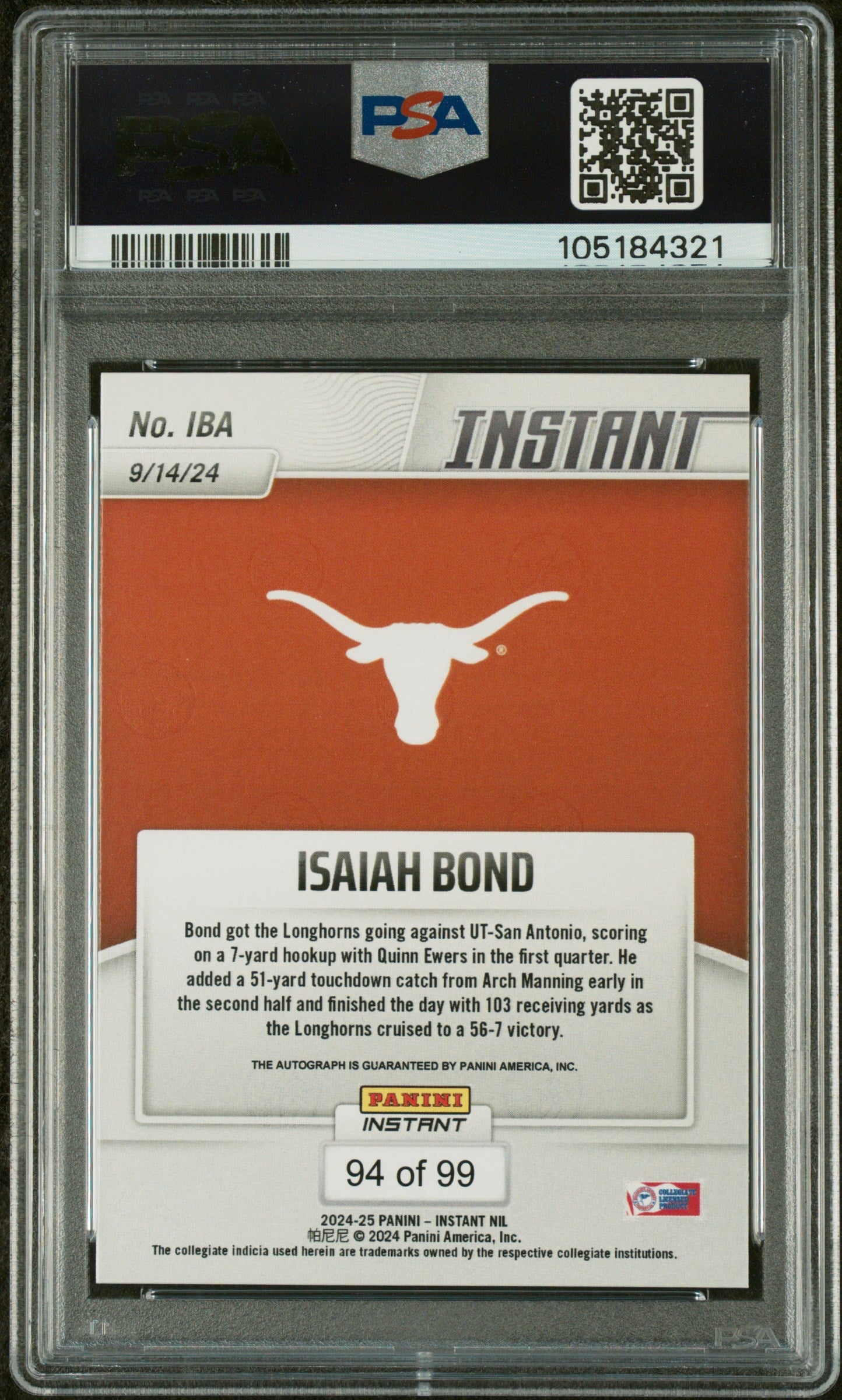 Graded 2024 Panini Instant NIL Isaiah Bond #IBA Autograph /99 Rookie RC Football Card PSA 10 Auto Grade Gem Mint - Sport Cards