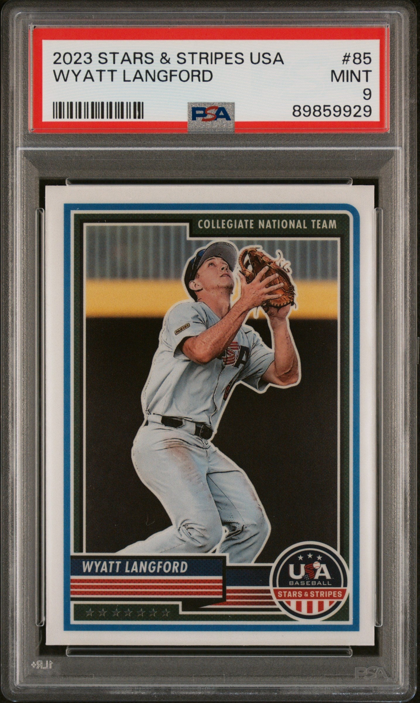 Graded 2023 Panini Stars & Stripes USA Wyatt Langford #85 Rookie RC Baseball Card PSA 9 Gem Mint