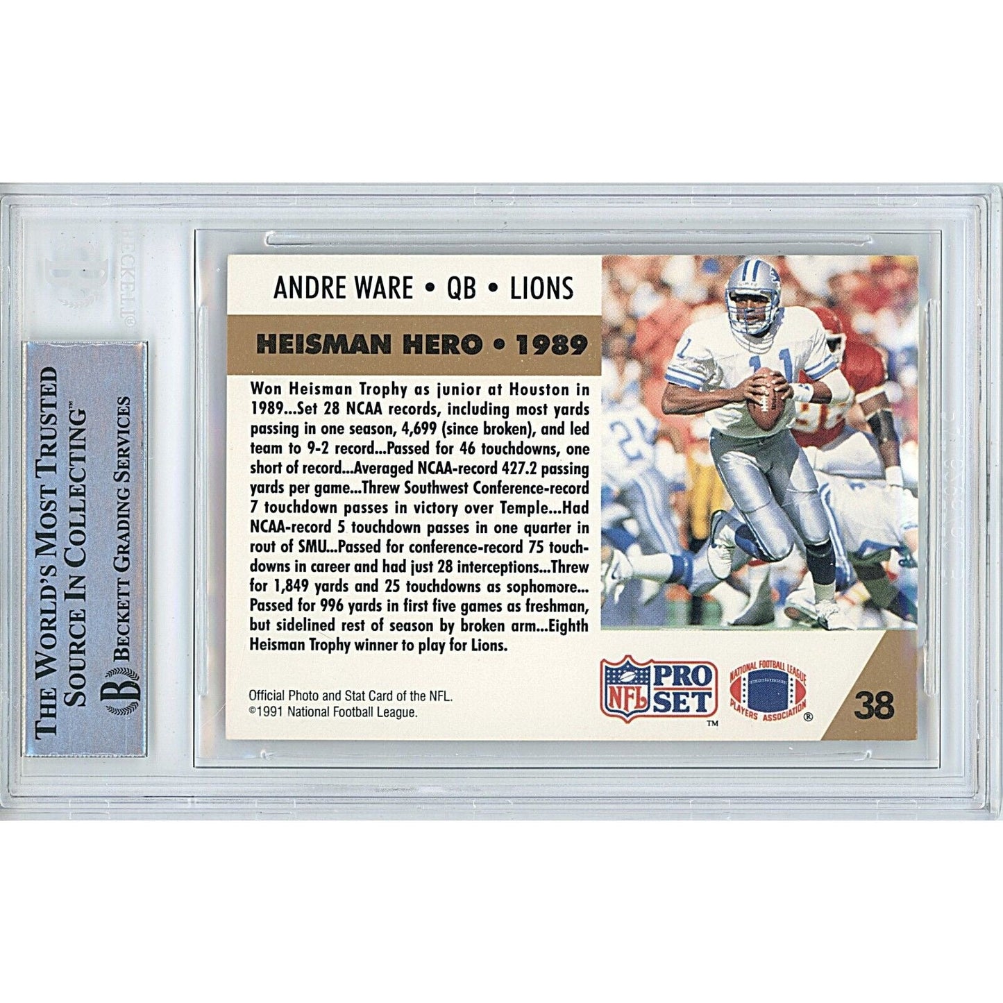1991 NFL Pro Set #38 — Andre Ware Houston Cougars Autographed Trading Card — Beckett Authentication - Sport Cards